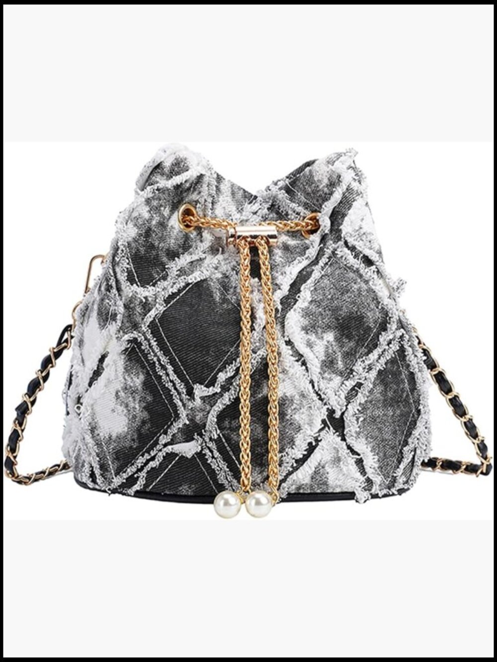 Quilted Denim Bucket Bag Drawstring Crossbody Hobo Purse